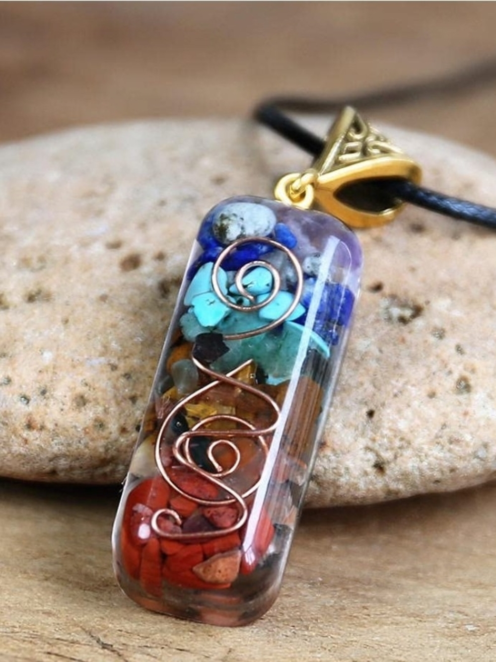 NWOT Multicolor Chakra Crystal Resin Pendant Necklace - Gold Bail